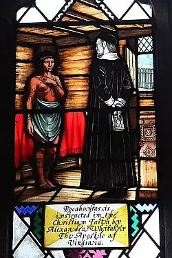Whitaker and Pocahontas depicted on a stained glass window