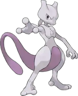 A large white and purple creature standing upright with its right arm outstretched towards viewer. It has a feline-shaped head, long purple tail and stomach, enlarged thighs, three fingers, and two toes.