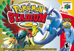 Rectangular cover art with the words "Pokémon Stadium 2" in the upper left corner and two large flying creatures spread across the artwork. The left creature is a red-and-white feathered large bird resembling a phoenix with gold tail feathers and crest. The right creature is a dragon-like animal with large winged forelimbs, smooth silver-white skin, and blue plates protruding from its back.