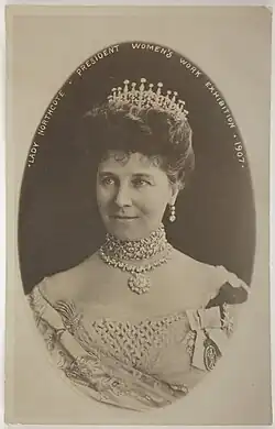 A black and white postcard with a head shot photograph of Lady Northcote, President of the Women's Work Exhibition, 1907.