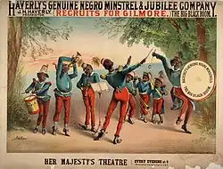 1878. Theater poster, J. H. Haverly's Genuine Negro Minstrel & Jubilee Company, Recruits for Gilmore, playing at Her Majesty's Theater, c. 1878