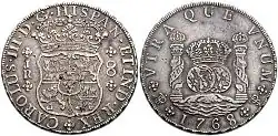 1768 silver Spanish Dollar, or eight reales coin (the "piece of eight" of pirate fame), minted throughout the Spanish Empire