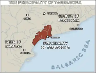 The Principality of Tarragona's borders by the end of the Principality in 1173 AD