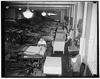 Scene at the Government Printing Office where 3,000,000 unemployment census questionnaires are being printed daily in 1937