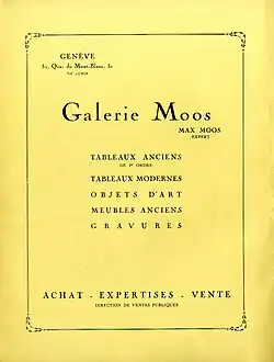 Publicité pour la Galerie Moos publiée dans la revue "L'Art en Suisse", janvier 1931, No. 1. Numérisation Bibliothèque d'art et d'archéologie (BAA), Genève.