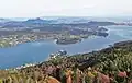 View from the new tower toward the northeast. The lake Wörthersee and Maria Wörth peninsula are clearly visible. Klagenfurt is at right.