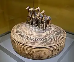 Attic pyxis with four horse figurines on top, c. 735 BC, Wadsworth Atheneum, Hartford