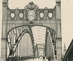 Lithuanian-side of the bridge in Panemunė with the coat of arms of Lithuania in 1937