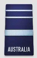 A black shoulder board with the word "AUSTRALIA" across the bottom. Above the word is a thick, blue horizontal stripe, with two thinner blue horizontal stripes above that.