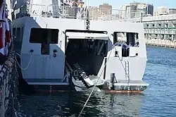 KDB Darulaman (08) at the Sydney International Fleet Review, demonstrating open RHIB dock.