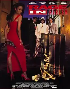 A woman in a red dress, holding a gun behind her back.