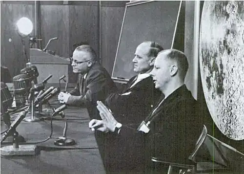 Homer Newell, William Pickering, and Harris Schurmeier answer newsmen's questions at Ranger 6 Postflight Press Conference