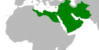 The Rashidun Caliphate at its greatest extent under Uthman, c. 654