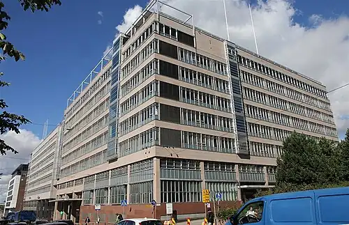 Facade of the office building at Ratapihantie 9, owned by Senaatti-kiinteistöt, in Pasila, Helsinki.