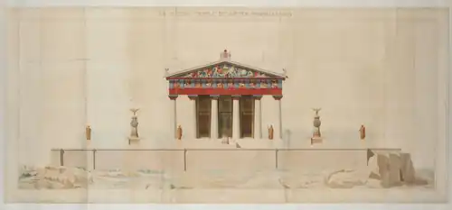Reconstruction drawing of the facade of the Temple of Hellanius Zeus, Aegina, including its pediment, showing the polychromy all ancient sculptures and buildings had, unknown architect, illustrated by Charles Garnier in 1852, unknown date