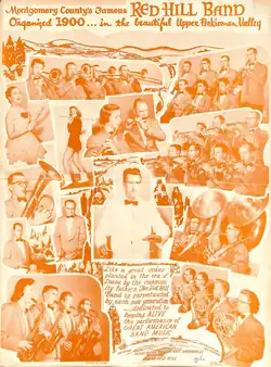 A collage poster made in the 1950s with pictures of the band members playing their instruments.