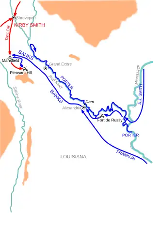 A map of northern Louisiana showing Banks' bold sweep towards Shreveport with a blue arrow.