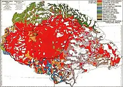 The "Red Map",[137] based on the 1910 census. Regions with population density below 20 persons/km2 (52 persons/sq mi)[138] are left blank and the corresponding population is represented in the nearest region with population density above that limit. Red colour to mark Hungarians and light purple colour to mark Romanians.