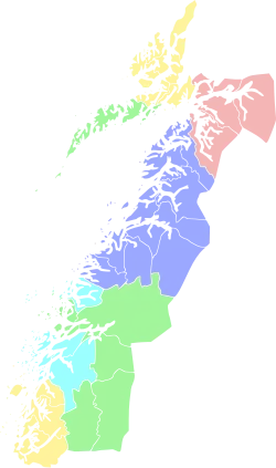 The light blue, yellow and green area in South of the map is the Helgeland district