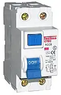 A two-pole, or double-pole, residual-current device. The test button and connect/disconnect switch are colored blue. A fault will trigger the switch to its off (down) position, which in this device would disconnect both conductors.
