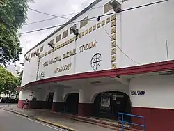 The stadium's facade featuring Art Deco lettering