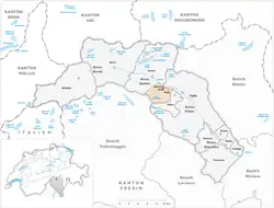 Rodi (dark blue dot) and Fiesso (blue dot) within the municipality of Prato and Leventina district