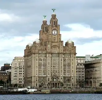 Royal Liver Building (1908–11; Grade I) Europe's first large reinforced concrete building, and the UK's largest clocks