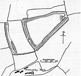 Plan drawing with shading showing the position of earthworks.