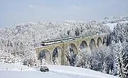Historic Voralpen Express push-pull trainset (used until 2019) on Wissbach Viaduct near Degersheim