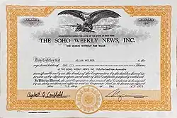Stock certificate issued to Allan Wolper for one share of The Soho Weekly News, Inc.
