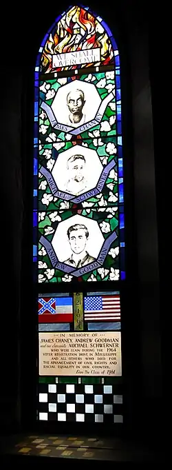 Stained glass window honoring James Chaney, Michael Schwerner, and Andrew Goodman.