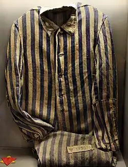 Sachsenhausen detainee's red political enemy triangle atop a yellow Jew triangle (lower left)