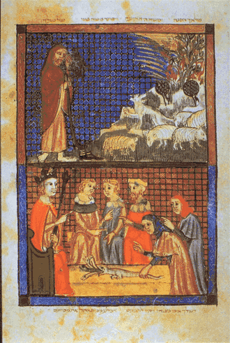 Abstract depiction of an angel (top right) in the Sarajevo Haggadah, 15th century.
