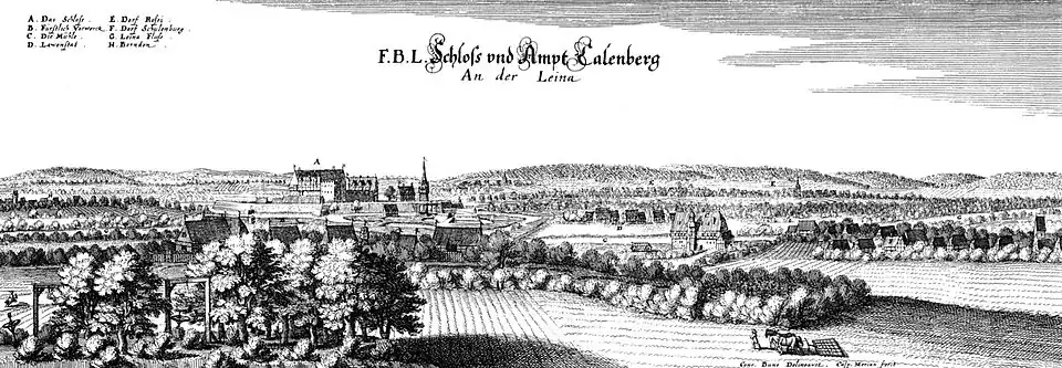 Schloss und Ampt Calenberg, engraving by Caspar Merian (1654)