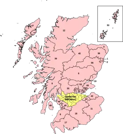 Numbered map of the parliamentary constituencies of Scotland created by the 2023 boundary review and first used at the 2024 UK general election.