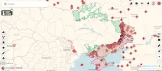 A digital map of Ukraine with areas occupied by Russia on 29 February 2024 in red, and areas regained by Ukraine in green