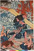 “Miyamoto Musashi (centre) armed with a broken beam by a mill-stream, when attacked by Shirakura Dengoemon (left) and his men, who tried to boil him alive” by Utagawa Kuniyoshi, 1846