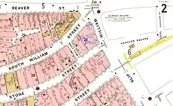 A map published in 1905 showing the location of the lots on which the Seligman building was construced, in relation to William Street, South William Street, Stone Street, and Hanover Square.