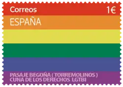 6-coloured stamp with the text "Correos España" in the top left, "Pasaje Begoña (Torremolinos) Cuna de los derechos LGBTI" in the bottom left, and "€1" in the top right