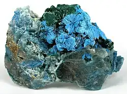 Shattuckite crystals form concentric circular clusters of spraying, elongated, acicular crystals. Associated with them are small bits of contrasting primary malachite crystals in a deep green color
