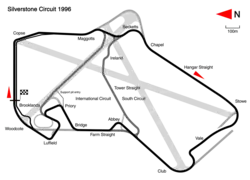 1996: Stowe corner re-profiled to its present fast sweep. International circuit is built over the existing South circuit. Track length: 5.072 km. Lap record: Damon Hill, Williams-Renault, 1:26.875 (1996 British Grand Prix).