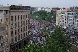 Aleksandar Vučić speaking at the SNS-organised "Serbia of Hope" gathering on 26 May 2023 in front of the National Assembly of Serbia