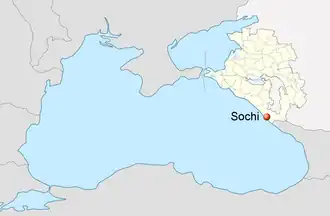 Map of Black Sea showing location of Sochi on the east coast
