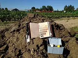 Soil Munsell color book, hand trowel, and equipment kit located on a pile of soil in British Columbia, Canada