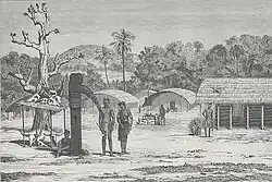 A Santhal hamlet in the Rajmahal Hills, illustrating houses, elephant deities, and sacrificial head trophies, Louis Rousselet (c. 1864 – c. 1868 observation; pub. 1875).