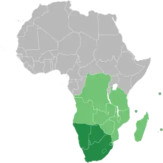 Map of Africa indicating SADC (light green) and SADC+SACU (dark green) members
