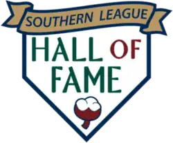 A white home plate reading "Hall of Fame" with a bulb of cotton below and a gold banner reading "Southern League" above
