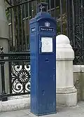 Police telephone post (not functional) at St. Martin's Le Grand, London — painted (incorrectly) in 'Met' dark blue. 'City' boxes were painted in a light blue.