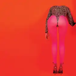 Image of a woman in a leopard print leotard, neon pink tights and red stilettos, facing away from the camera and bent over