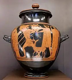 Two-handled pot, with a neck and lid, showing Heracles and three other figures painted in red-figure
